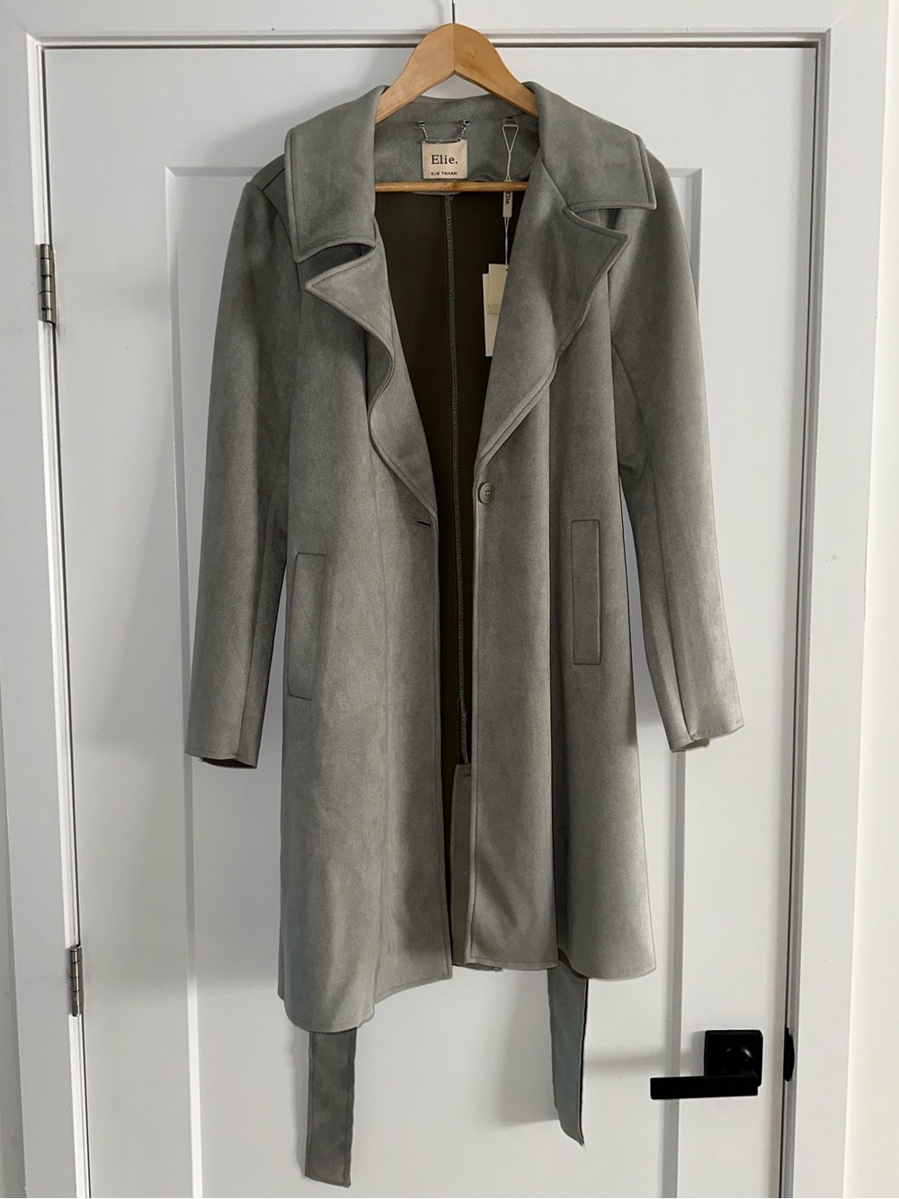 NWT Elie Elie Tahari Faux Suede Belted Trench Coat Mineral Green, Size M